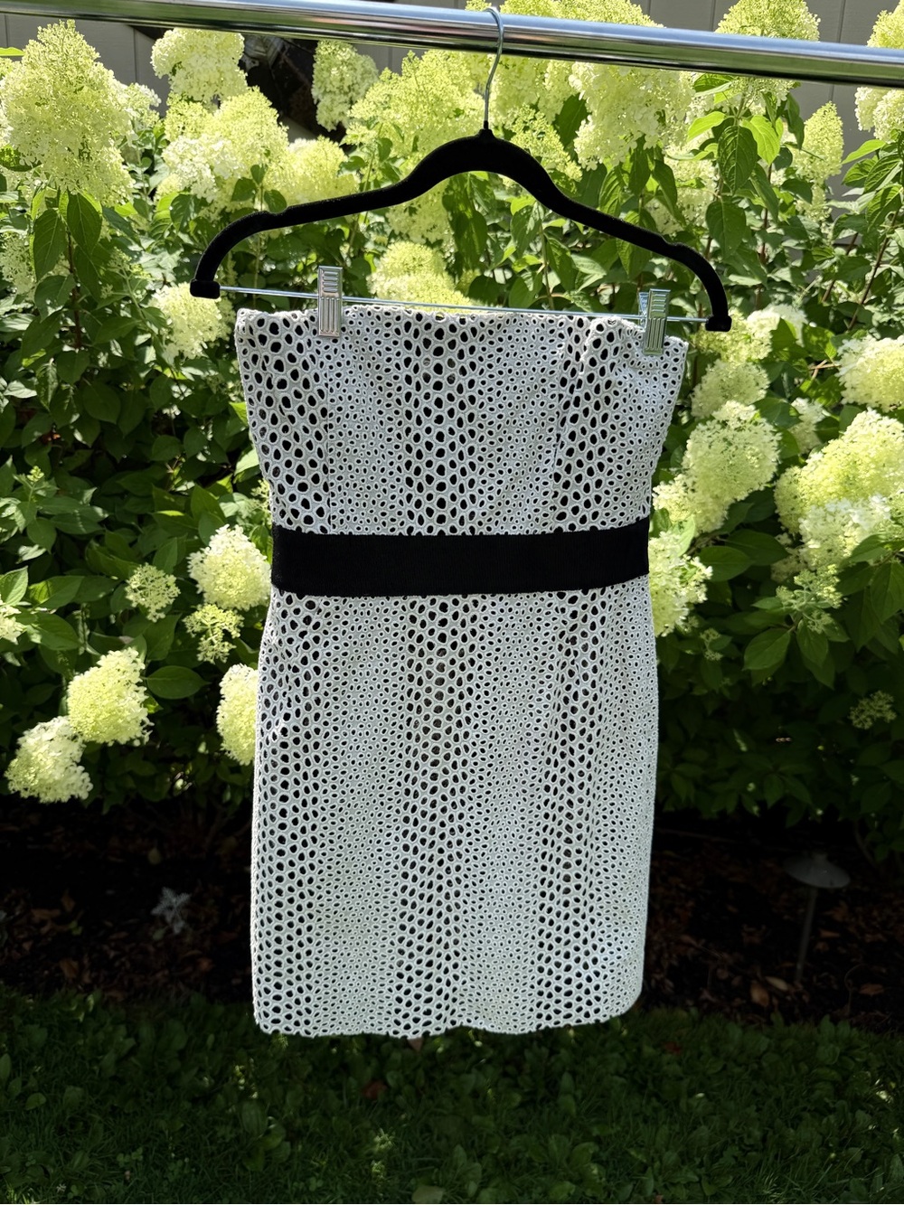 Strapless White Eyelet Dress with Black Waist Band